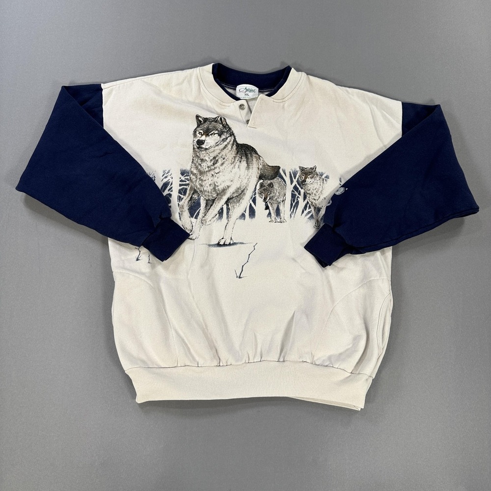 Vintage Artisans Sweatshirt Mens 2XL White‎ Fleece Henley Wolves Graphic USA
